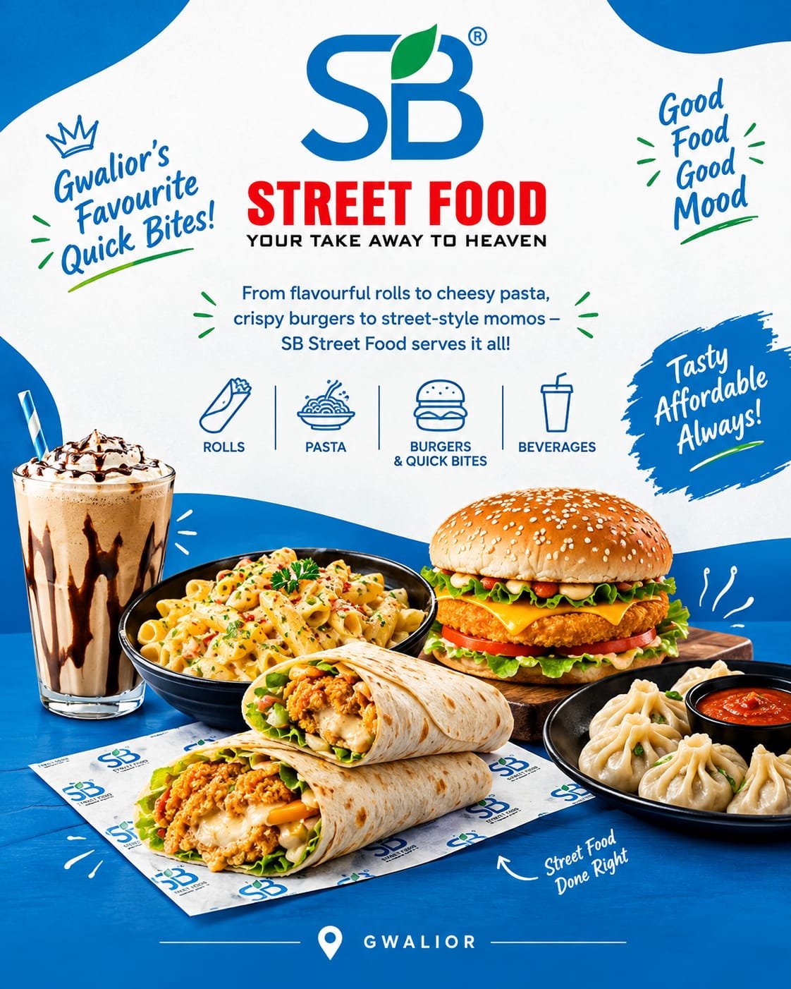SB Street Food rolls, burger, pasta, momos and cold coffee