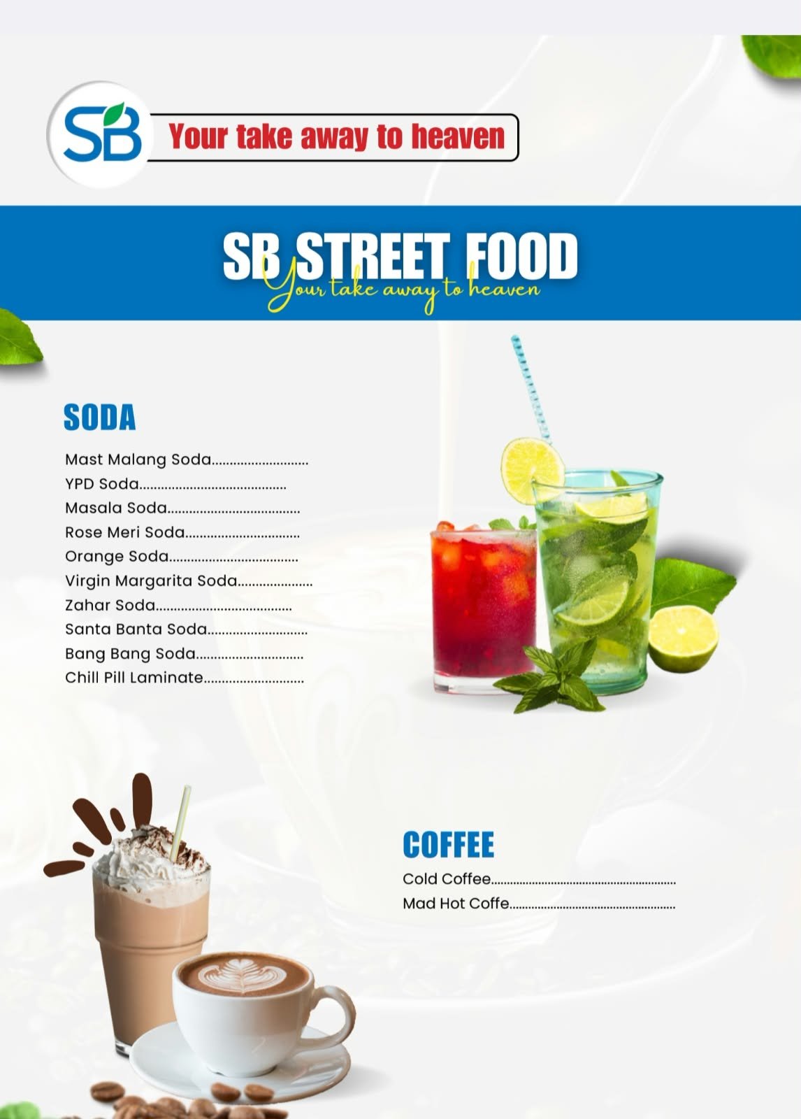 SB Street Food menu featuring sodas and hot and cold coffee