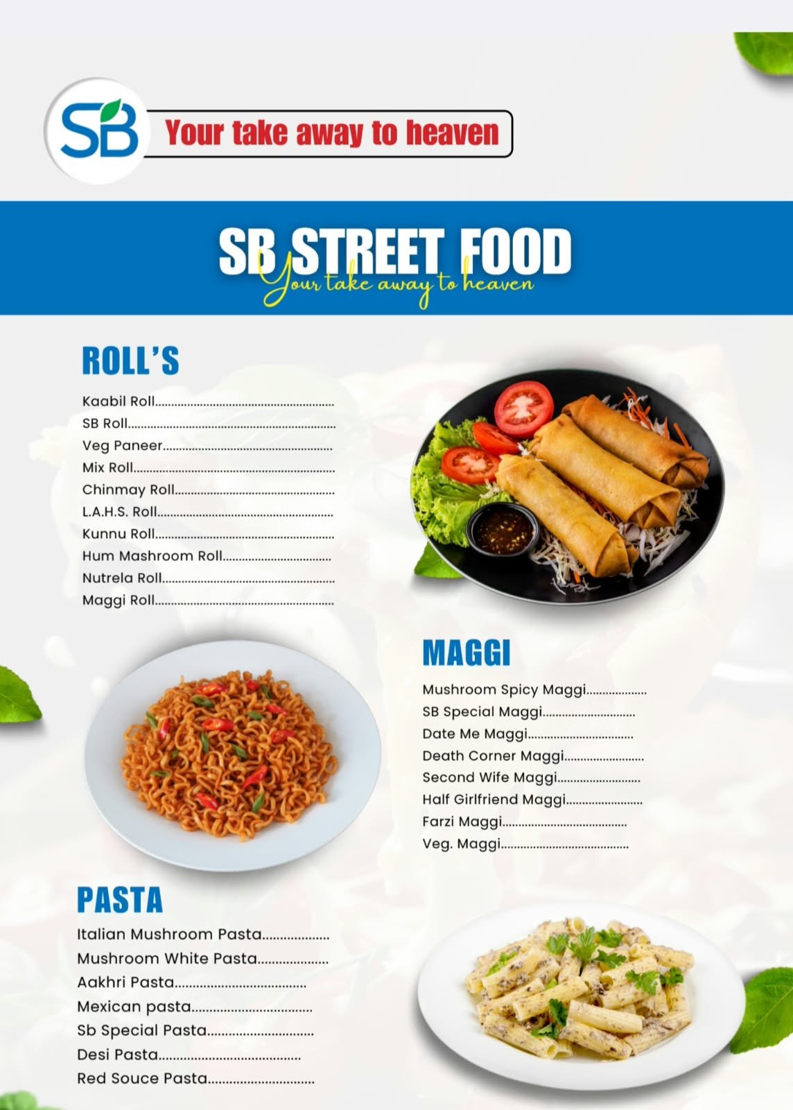 SB Street Food menu featuring rolls, Maggi, and pasta